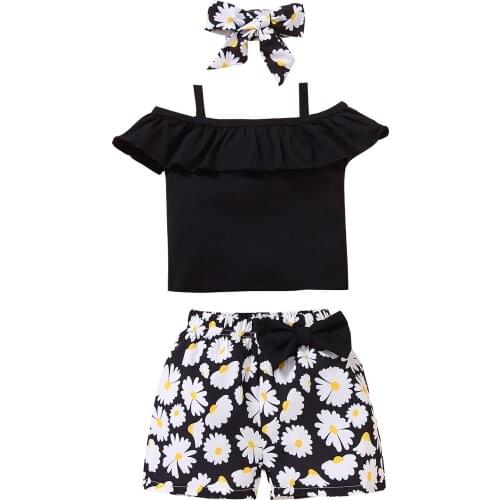 2021 Infant Baby Girl’s Clothes Fresh Boat Neck Suspender Tops and Daisy Short Pants with Headband