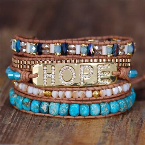 YueTong Natural Stone Beaded Wrap Bracelet Boho Hope Charm Leather Bracelet Yoga 5 times Statement Bracelet Art Jewelry Dropship