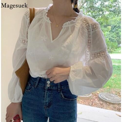 Hollow Out Crochet Embroidery Women Shirt White Summer Long Sleeve Loose Blouse Casual Plus Size Fashion Sweet Ladies Tops 14818