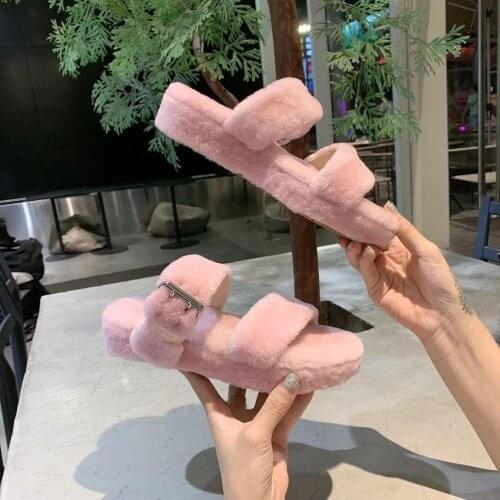 Tide Slippers Women Autumn Wool Slides Sweet Flat Shoes Women Indoor Buty Damskie Fashion Ladies Shoes Cozy Zapatos De Mujer