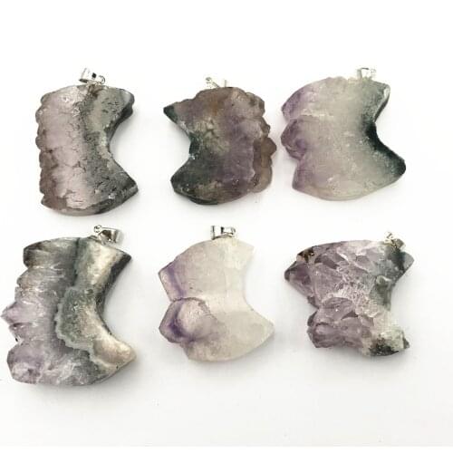 Hot 5PCS Fashion Jewelry Natural Stone Amethysts Slice Druzys Pendant Purple Crystal Quartz Necklace Male Raw Slab Geode Women