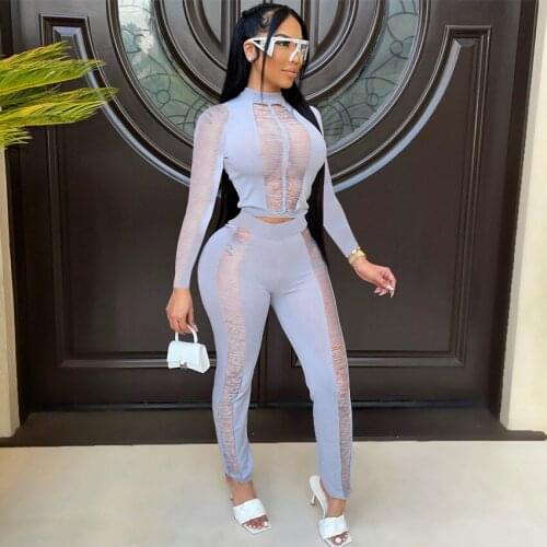 2021 High Quality New Design 2 pcs Women Set Patchwork O-neck Long Sleeve Tops Long Pants Summer Sexy Club outfits