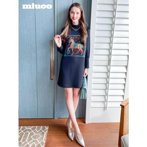 Half high collar ironing diamond retro pattern different material splicing space cotton dress womens wear Spring High Quality