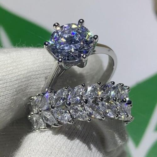 New Women'Fashion Jewelry Couple Rings 925 Sterling Silver Round Shape AAAAA Cubic Zirconia Wedding Bridal Ring Set For Women
