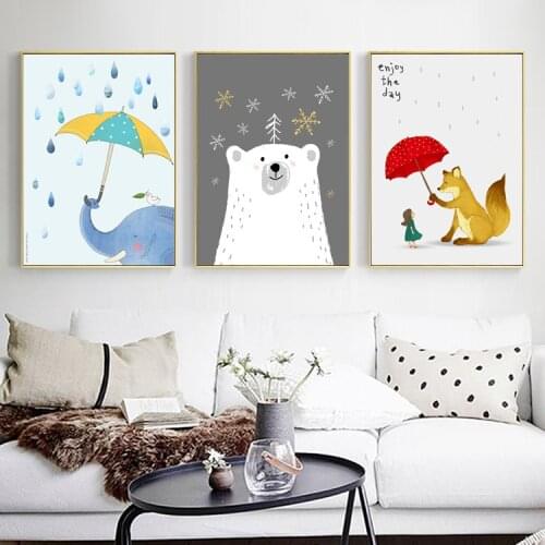 Elephant and Fox Holding Umbrella In Rainy Day Nordic Cartoon Animal Cute Animal Childrens Bedroom Decorative Canvas Painting