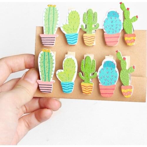 10 pcs/pack Kawaii Fresh Cactus Wooden Planner Clip Photo Paper Craft DIY Clips Binder with Hemp Rope Card Holder Stationery