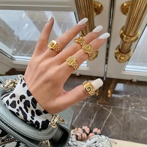 2020 New Glossy A-Z Initial Letter Rhinestones Square Chunky Watchband Link Chain Ring for Women Boutique Jewelry