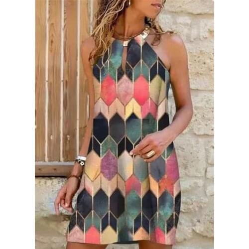 2021 European and American street fashion sexy new best-selling metal backless sleeveless printed ladies dress
