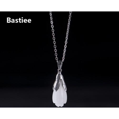 Bastiee Magnolia Flower Necklace Pendant Jade Silver 925 Jewelry For Women Link Chain Chinese Vintage