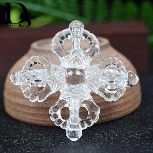 DS Natural Clear Quartz Cross Vajra Pendant Hand Carved Quartz Crystal Vajra Healing Energy Crystal Stone Necklace Jewelry