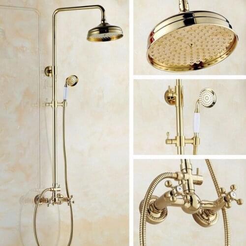 Two Cross Handles 8'' Bath Rain Shower System with the Shower Head & Hand shower Set Faucet Mixer Tap Gold Color Brass agf331