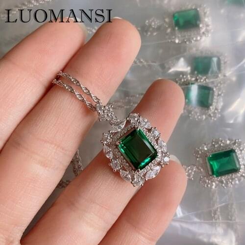 Luomansi 100% S925 Sterling Silver 2 Carat Square Emerald Vintage Pendant Necklace Woman Party Jewelry