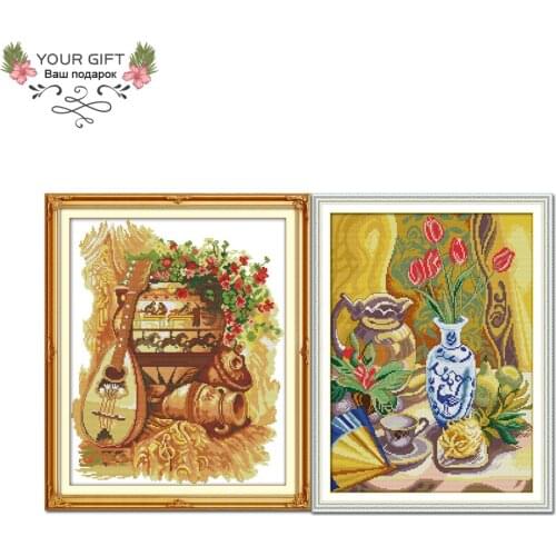 Joy Sunday J113J114 Stamped and Counted Dinner Room Home Decor Chrysanthemum Vase Afternoon Tea Time Cross Stitch Kits