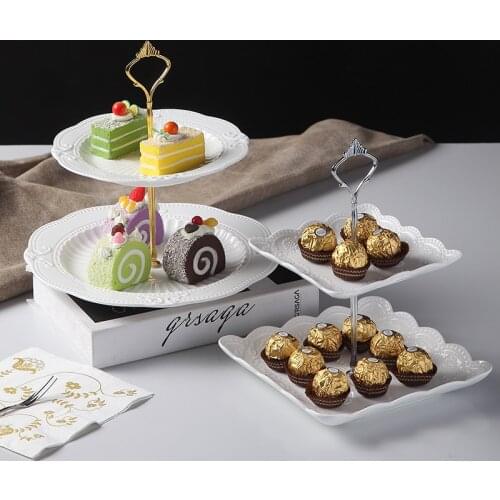 2pcs set, white embossed porcelain ceramic candy dish with steel stander, wedding decoration fruit plate servies, buffet salon