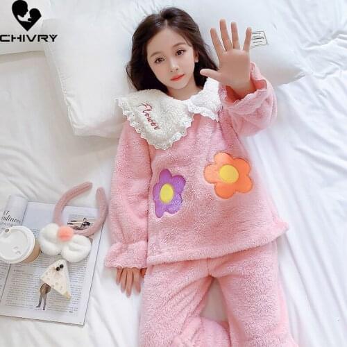 New 2021 Kids Girls Autumn Winter Thicken Flannel Pajama Sets Flower Long Sleeve Lapel Tops with Pants Sleeping Clothing Sets