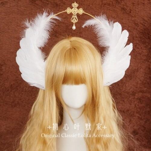 Retro Lolita Notre Dames Halo Cross Angels Feather Wing KC Headband Godmothers Virgin Mary Gothic Cosplay Baroque Headwear