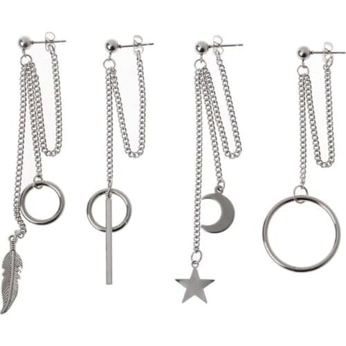 1Pc Titanium Moon Star Leaf Pendant Double Chain Drop Earring Korean Jewelry