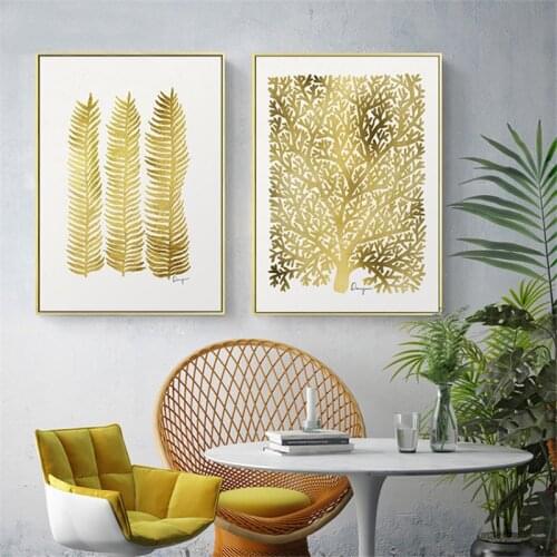 Nordic Modern Style Lucky Gold Leaves And Tree Posters Home Decor Minimalism Canvas Painting Wall Picture for Living Room