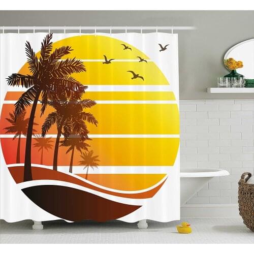 Tropical Shower Curtain Sunset at Exotic Beach with Palm Trees Birds Summer Vacation Label Style Bathroom Waterproof Curtains