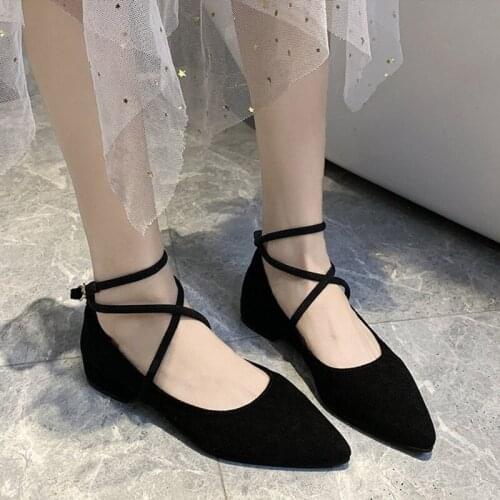 Womens Pumps Seude Leather Low Heels Ladies Sandals Pointed Toe Female Footwear 2021 Spring Cross tied Mary Janes Ballet Shoes