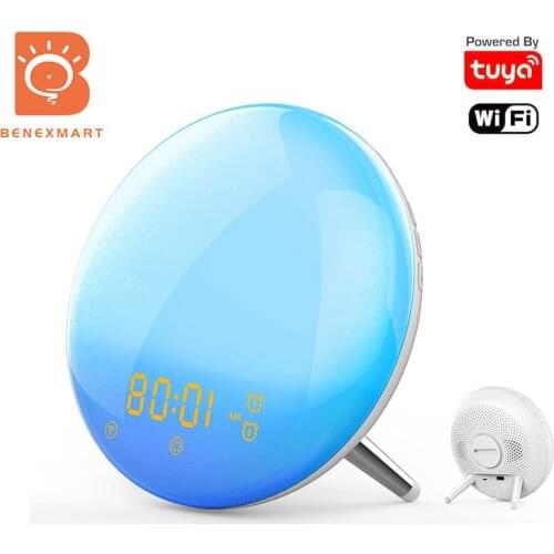 Tuya WiFi Smart Wake-Up Light Alarm with 7 Colors Sunrise Sunset Digital Workday Alarm Clock Alexa Google Home Led Night Light