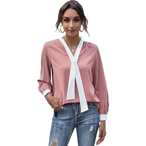 Women Chiffon Blouse Casual V-Neck Bow Tie Patchwork Long Sleeve Office Lady Shirt Autumn Spring Fashion Pink Blouse Femme Blusa