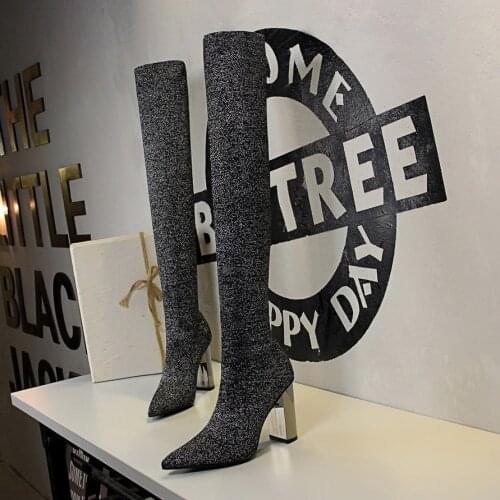 2019 glitter boots chaussures femme botas over the knee boots thigh high boots bigtree shoes knitting high heels boots women