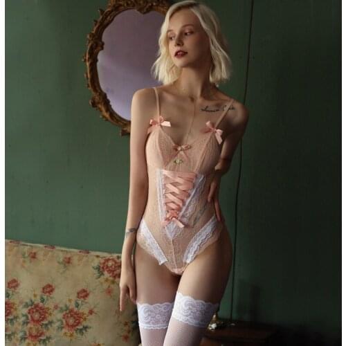 Sweet Cute Bodysuit Women Jumpsuit Sexy Floral Lace Crotchless Rompers Pink Sleeveless V Neck Summer Body Suit Swimwear