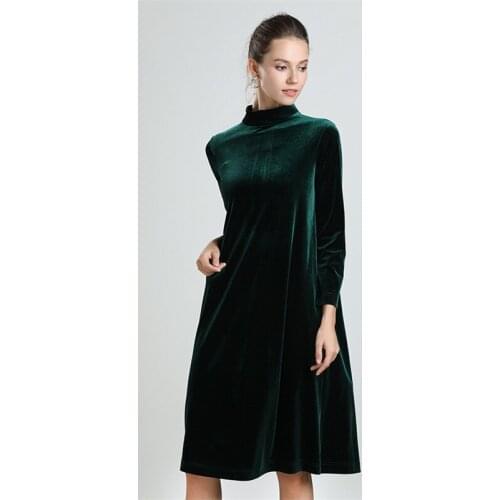 2020 Women Half Turtleneck Velvet Midi Dress Autumn Office Lady Elegant Solid Dress Female Vintage Party Dress Plus Size M-8XL