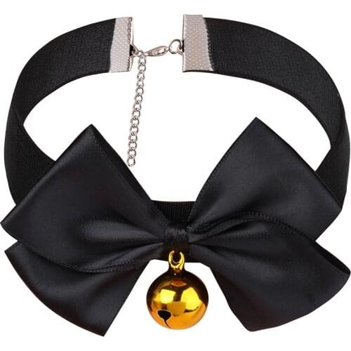 Women Girl Lingerie Bell Choker Collar Adjustable Ribbon Bow Necklace Erotic Accessory Cosplay Costume