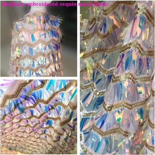 Charming Shining Rainbow Sequins Net fabric Embroidered Wave Tassel Sequins Mesh Fabric DIY Sewing Dress for Nightclub Wide128cm