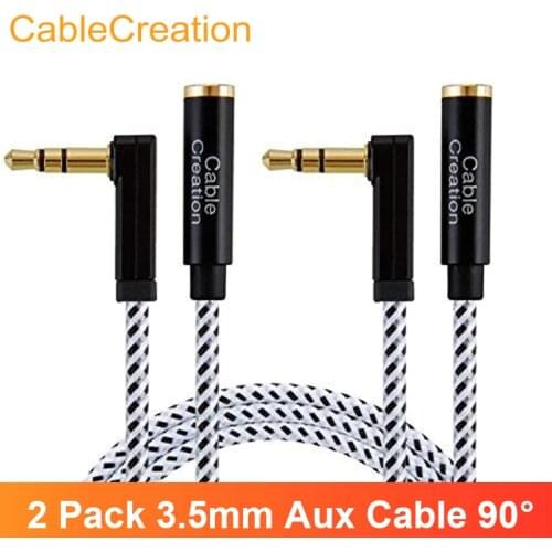 Aux Cable, CableCreation [2-Pack] 90 Degree Right Angle 3.5mm Male to Female Stereo Audio Extension Cable