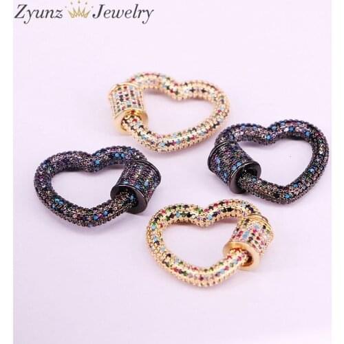 6PCS, 26*22mm, Full CZ Pave Heart Screw Clasp, Micro Pave Rainbow Cubic Zirconia, For Necklace Jewelry Making