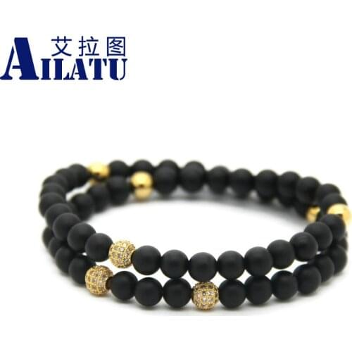 Ailatu Wholesale 10pcs/lot 6mm Matte Onyx Stone Beads with Micro Pave CZ Beads Two circles Elastic Bracelet Fashion Jewelry