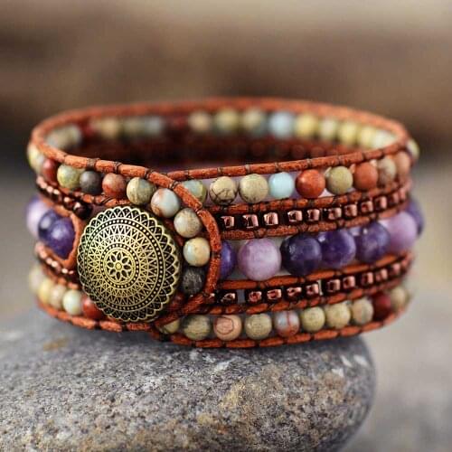 Top Handmade Multi Row Leather Wrap Bracelet Vintage Seed Beads Natural Stone Weaving Cuff Bangles Bracelets Bohemian Jewelry