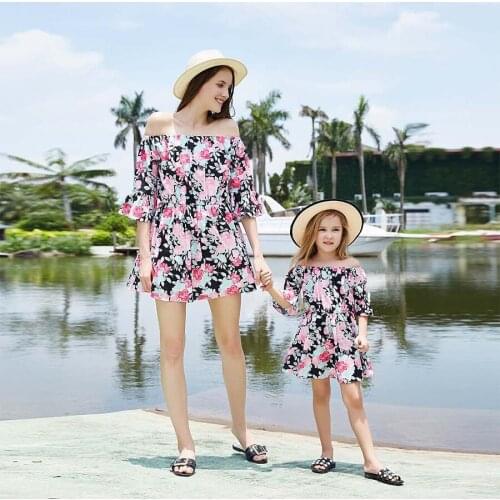 Children Family Clothing Matching Outfits Flower Print Dress Mother And Daughter Clothes Off Shoulder Dresses Family Look