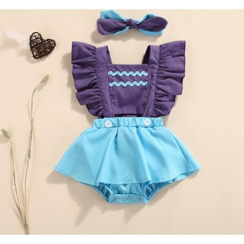 Baby Girl Clothes Contrast Color Set, Sleeveless Square Collar Jumpsuit with Ruffles + Bow-knot Headband Outfits Summer