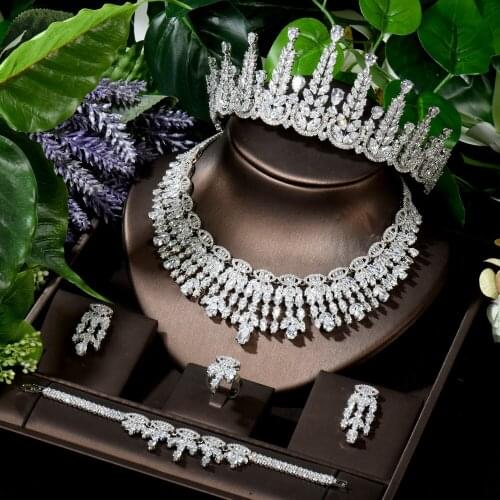 HIBRIDE Big Luxury Nigerian Jewelry Set White Gold Color Headband Tiaras Crown Statement Necklace Earring Sets for Women N-1638