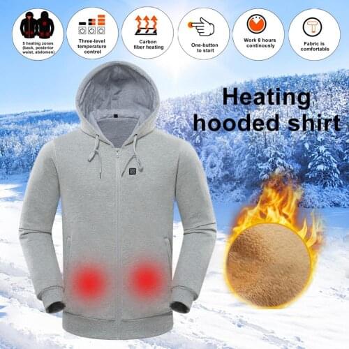 USB Heating Jacket Men Hooded Heated Clothing Temperature Controllable Fleece Hooded Sweatshirt For Skiing Hiking Fleece Jacket