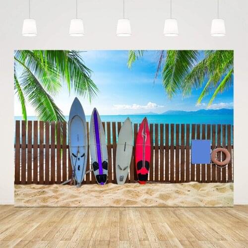 Summer beach cocount tree sufboard holiday backdrop for photography newborn portrait photo shoot background studio Blue sky sea