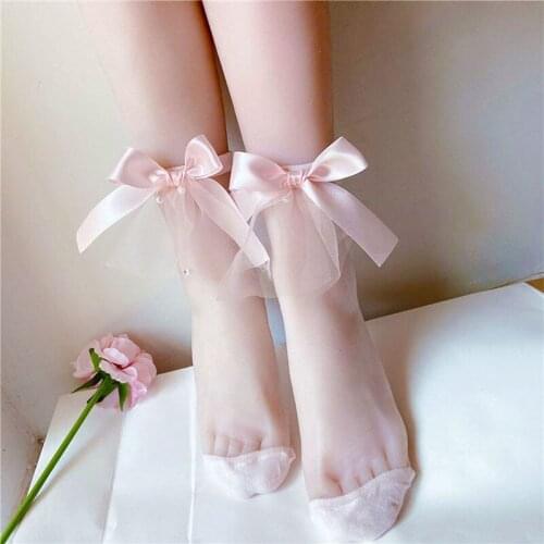 Summer Women Ultrathin Transparent Socks Harajuku Lace Bow Crystal Socks Casual Breathable Glass Silk Socks Lady