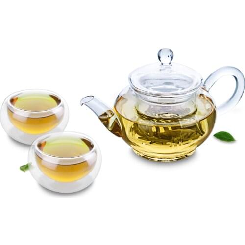 Cute Glass Tea Set- Mini Teapot & 2PC Round Double Wall Teacups Coffee Mug