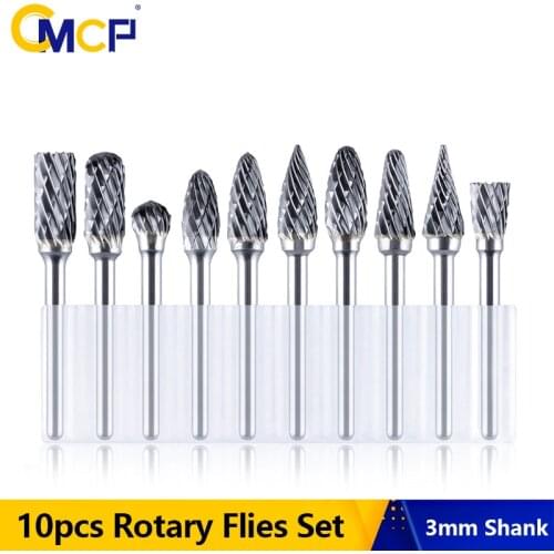 CMCP 10pcs 3mm Shank Carbide Burrs Milling Cutter Set Double Cut Rotary Point Burr Grinding Head Abrasive Tools Rotary Files