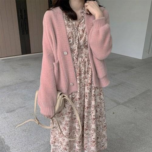 New Women Two Piece Dress Set Autumn 2020 Retro Floral Hepburn Light Mature French Chiffon Dress Short Knitted Sweater Coat