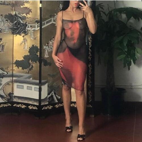Summer Sexy Mesh See Through Print Sling Dress Women Fashion Removable Long Sleeve Clothing Lady Slim Dresses Y2k Aesthetic 2021