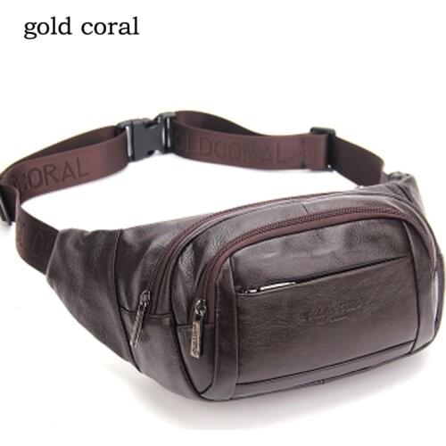 GOLD CORAL Genuine Leather Waist Belt Bag Men Messenger Shoulder Fanny Pack Male Crossbody Chest Bags Travel Waist Packs Purse
