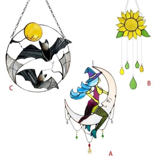 Drop Shipping Halloween Witch On Moon Decor Stained Suncatchers Window Hangings Wall Art Decor