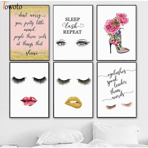 Modern Fashion Canvas Painting Wall Art Poster Print Eyelash High-Heel Shoe Lips Decoration Picture for Shop Living Room Decor