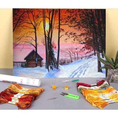 Landscape Sunset Printed Fabric 11CT Cross Stitch DIY Embroidery Full Kit DMC Threads Craft Handiwork Needlework Package
