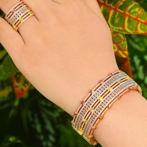 Blachette Gorgeous Dubai Luxury Wide 2 PCS Noble Bangle Ring Set for Women Bridal Wedding Engagement Daily Party Jewelry Set New